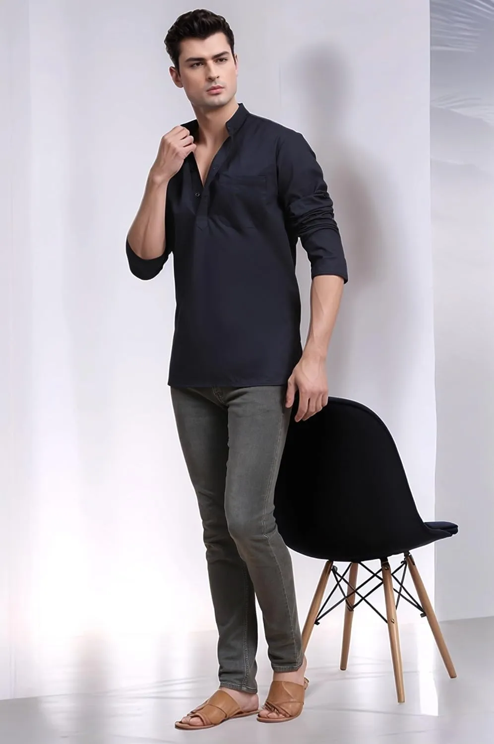 SKAVIJ Men's Pure Cotton Henley Shirt Long Sleeves Band Collar Casual T-Shirts