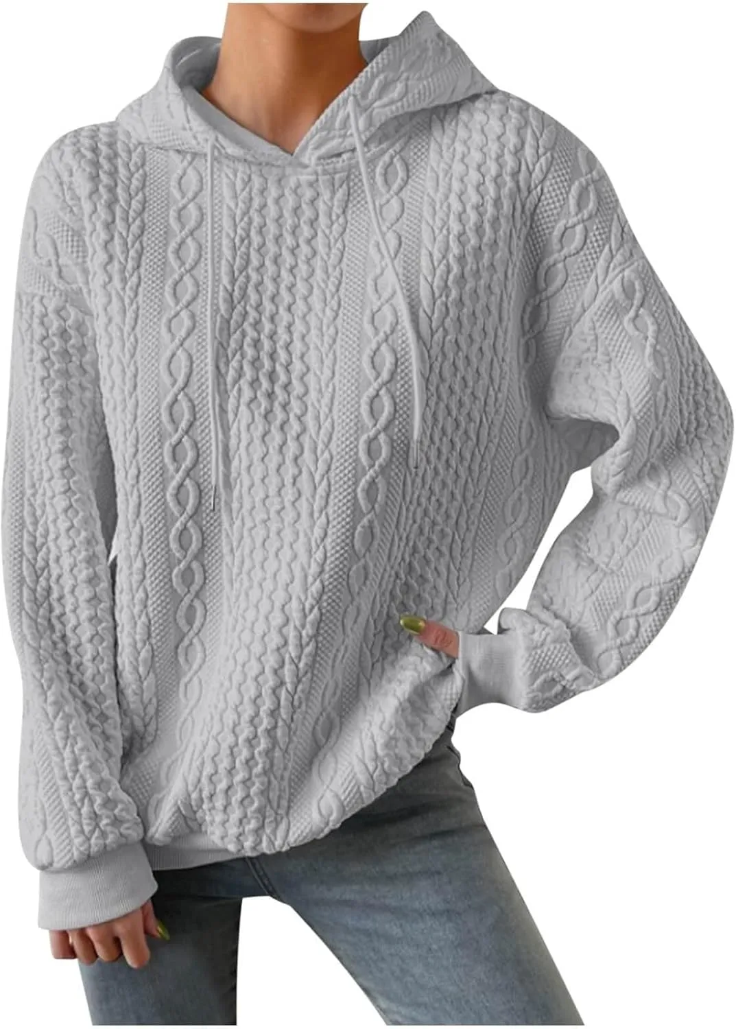 slqdgmryz Oversized Hoodies for Women Plus Size Cable Knit Sweater Loose Fit Drawstring Comfort Hoodie Preppy Sweatshirt
