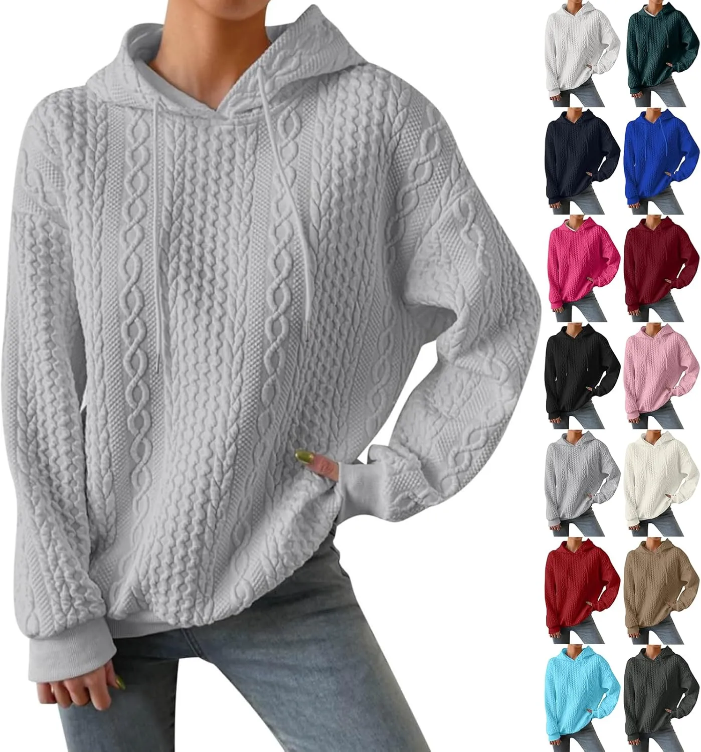 slqdgmryz Oversized Hoodies for Women Plus Size Cable Knit Sweater Loose Fit Drawstring Comfort Hoodie Preppy Sweatshirt