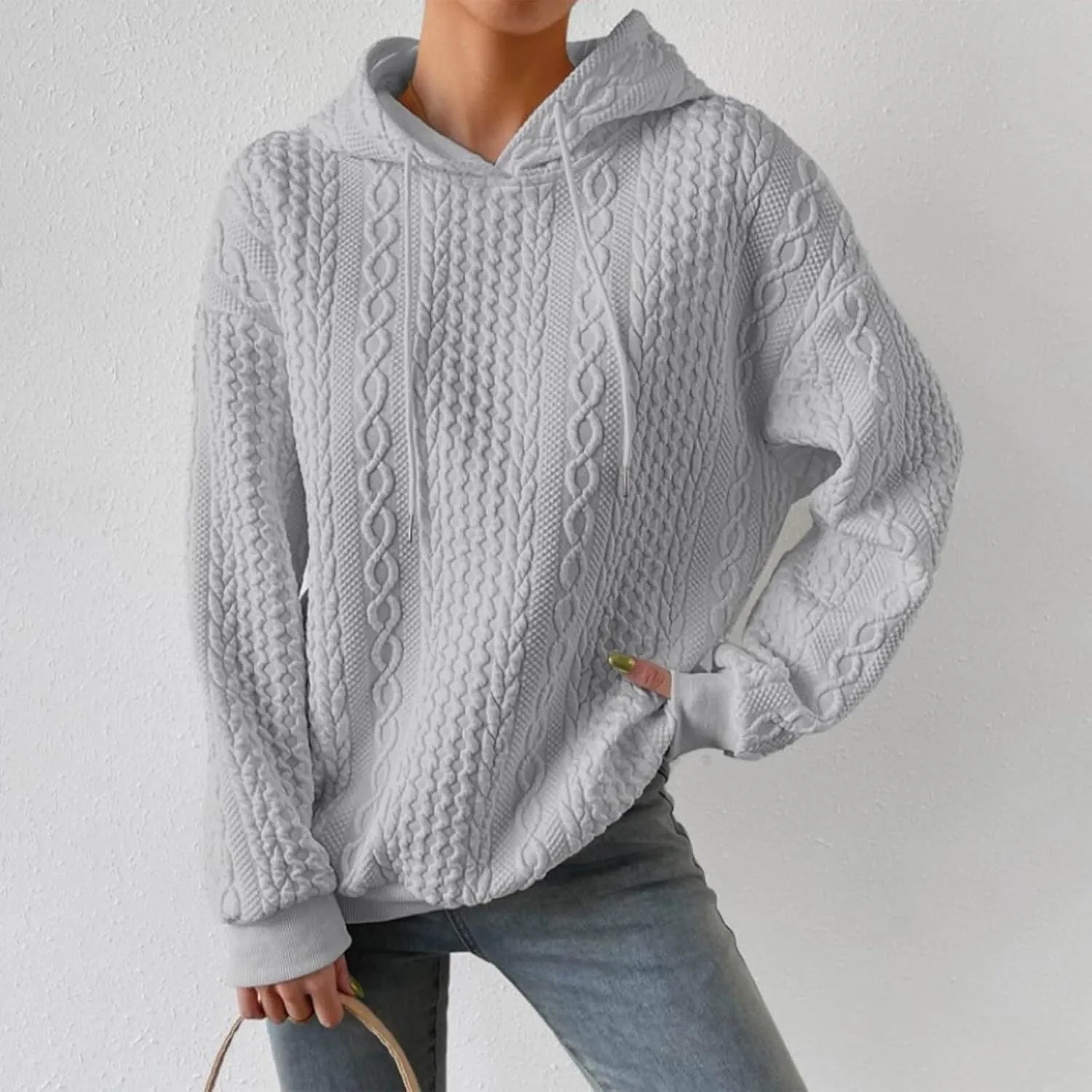 slqdgmryz Oversized Hoodies for Women Plus Size Cable Knit Sweater Loose Fit Drawstring Comfort Hoodie Preppy Sweatshirt