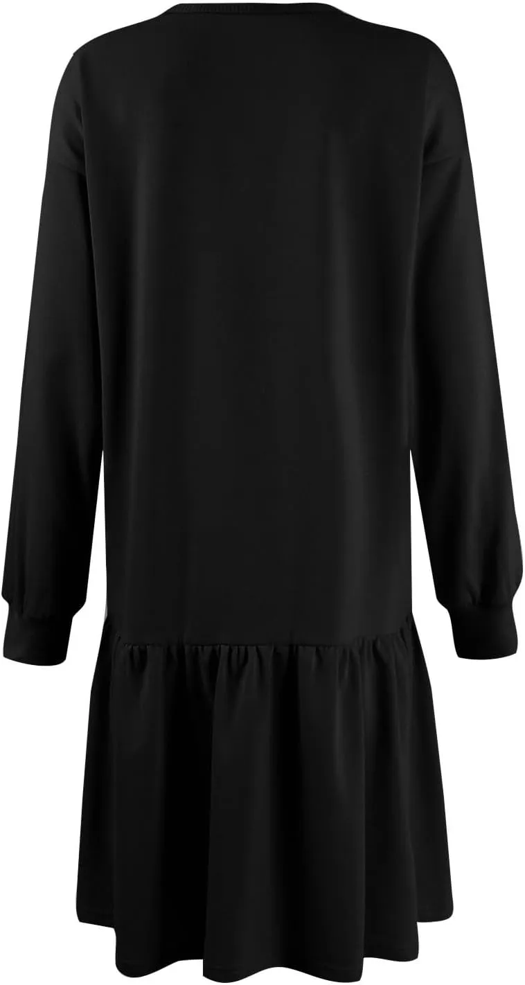 slqdgmryz Sweatshirt Dress Women Fall Crewneck Sweatshirts Oversized Long Sleeve Mini Dress Ruffle Patchwork Sweatshirt