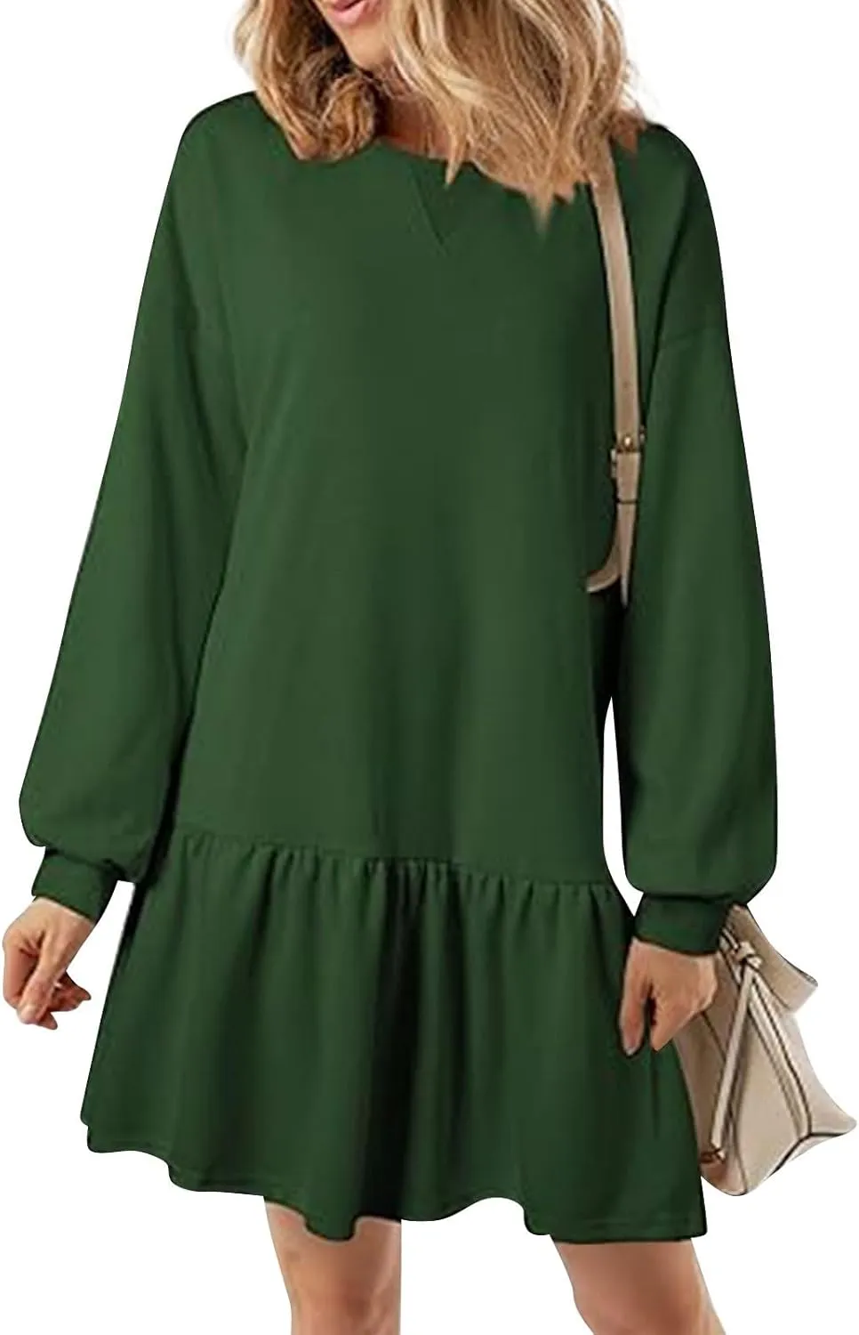 slqdgmryz Sweatshirt Dress Women Fall Crewneck Sweatshirts Oversized Long Sleeve Mini Dress Ruffle Patchwork Sweatshirt