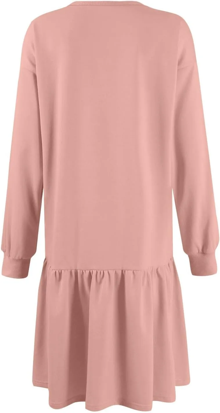 slqdgmryz Sweatshirt Dress Women Fall Crewneck Sweatshirts Oversized Long Sleeve Mini Dress Ruffle Patchwork Sweatshirt