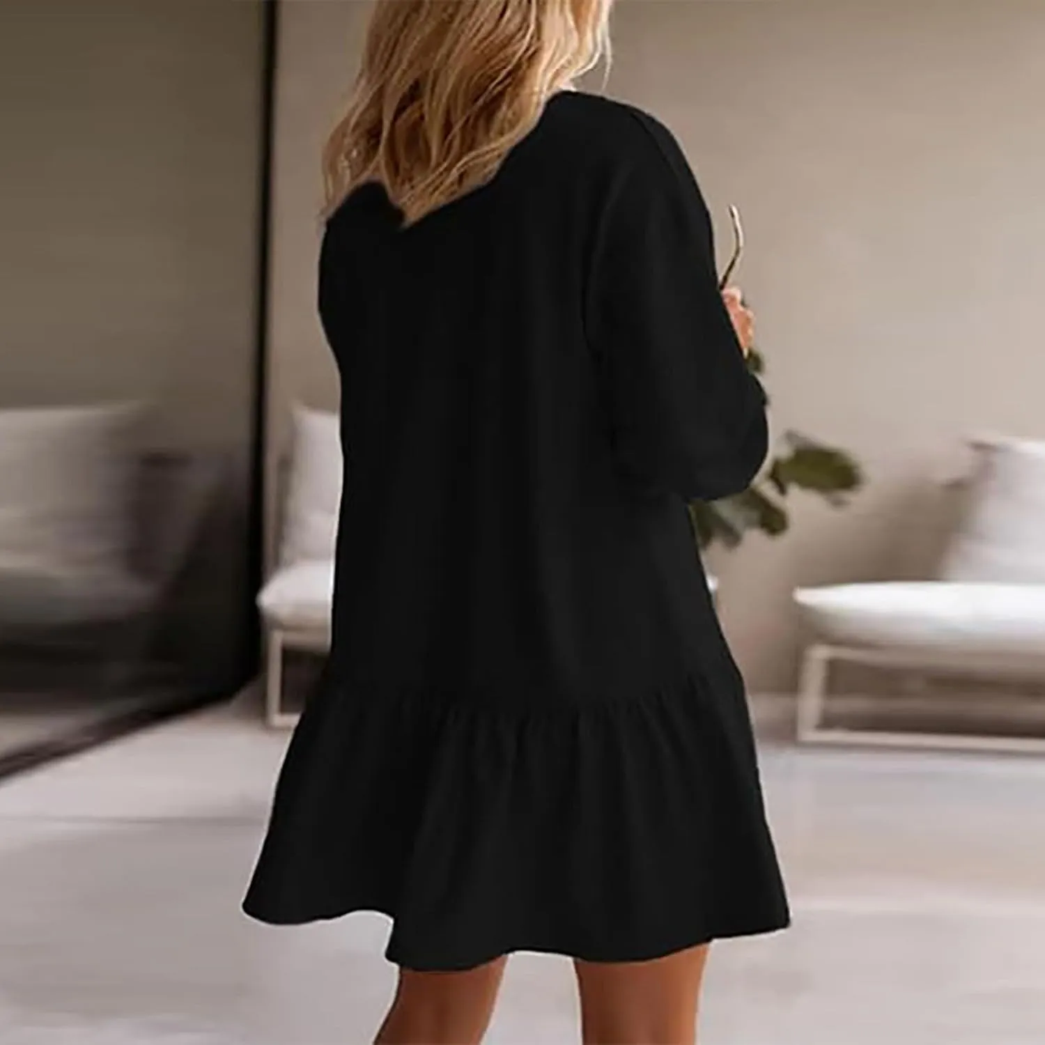 slqdgmryz Sweatshirt Dress Women Fall Crewneck Sweatshirts Oversized Long Sleeve Mini Dress Ruffle Patchwork Sweatshirt
