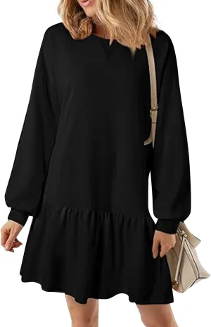 slqdgmryz Sweatshirt Dress Women Fall Crewneck Sweatshirts Oversized Long Sleeve Mini Dress Ruffle Patchwork Sweatshirt