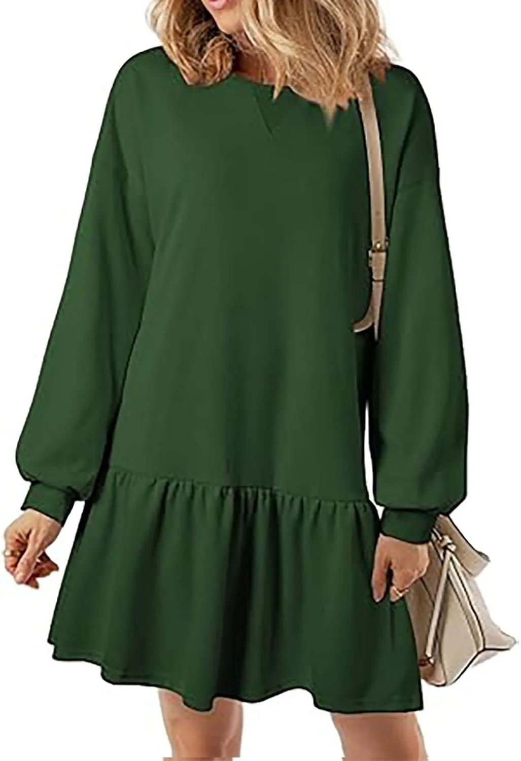 slqdgmryz Sweatshirt Dress Women Fall Crewneck Sweatshirts Oversized Long Sleeve Mini Dress Ruffle Patchwork Sweatshirt