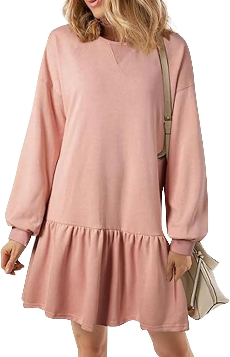 slqdgmryz Sweatshirt Dress Women Fall Crewneck Sweatshirts Oversized Long Sleeve Mini Dress Ruffle Patchwork Sweatshirt