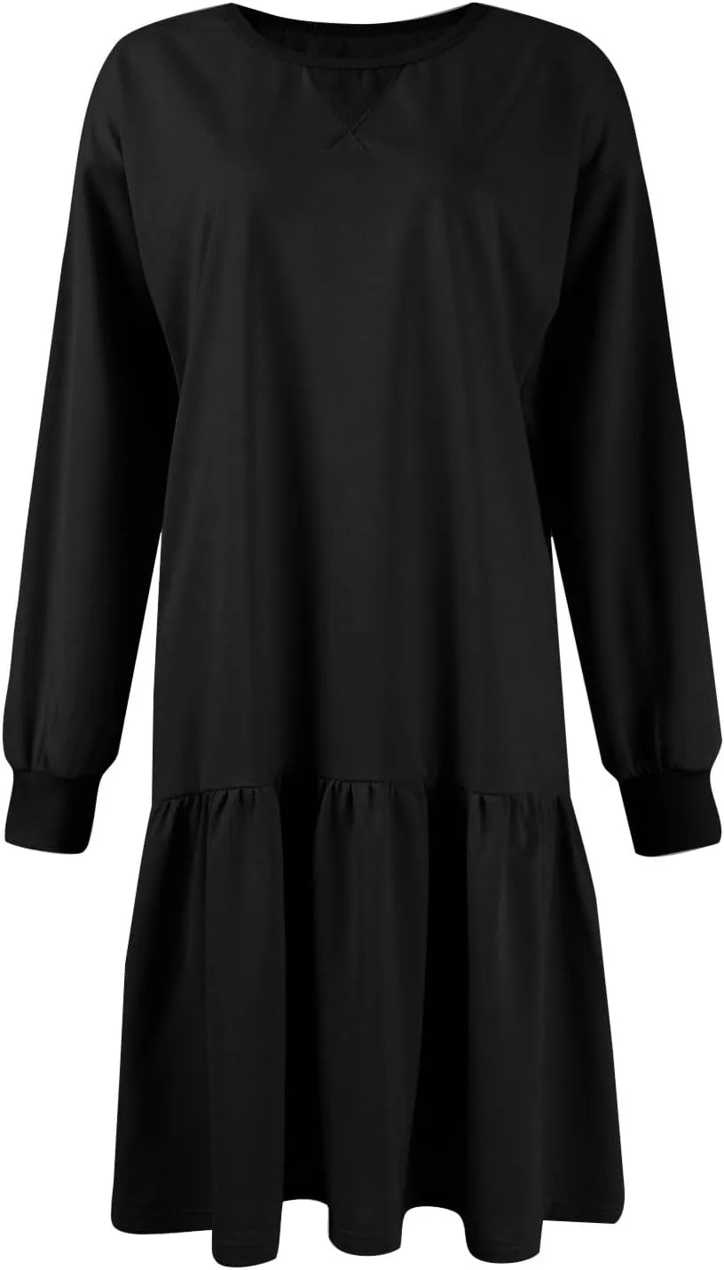 slqdgmryz Sweatshirt Dress Women Fall Crewneck Sweatshirts Oversized Long Sleeve Mini Dress Ruffle Patchwork Sweatshirt