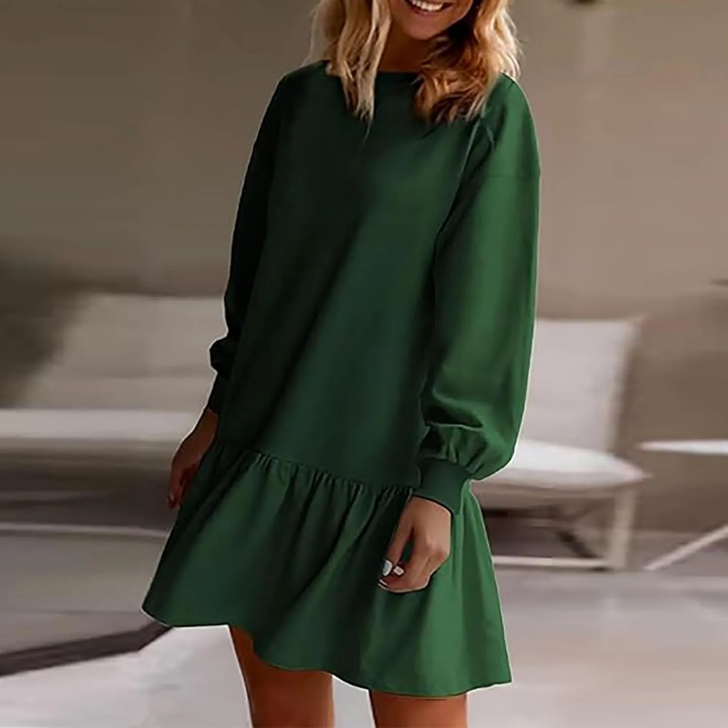 slqdgmryz Sweatshirt Dress Women Fall Crewneck Sweatshirts Oversized Long Sleeve Mini Dress Ruffle Patchwork Sweatshirt