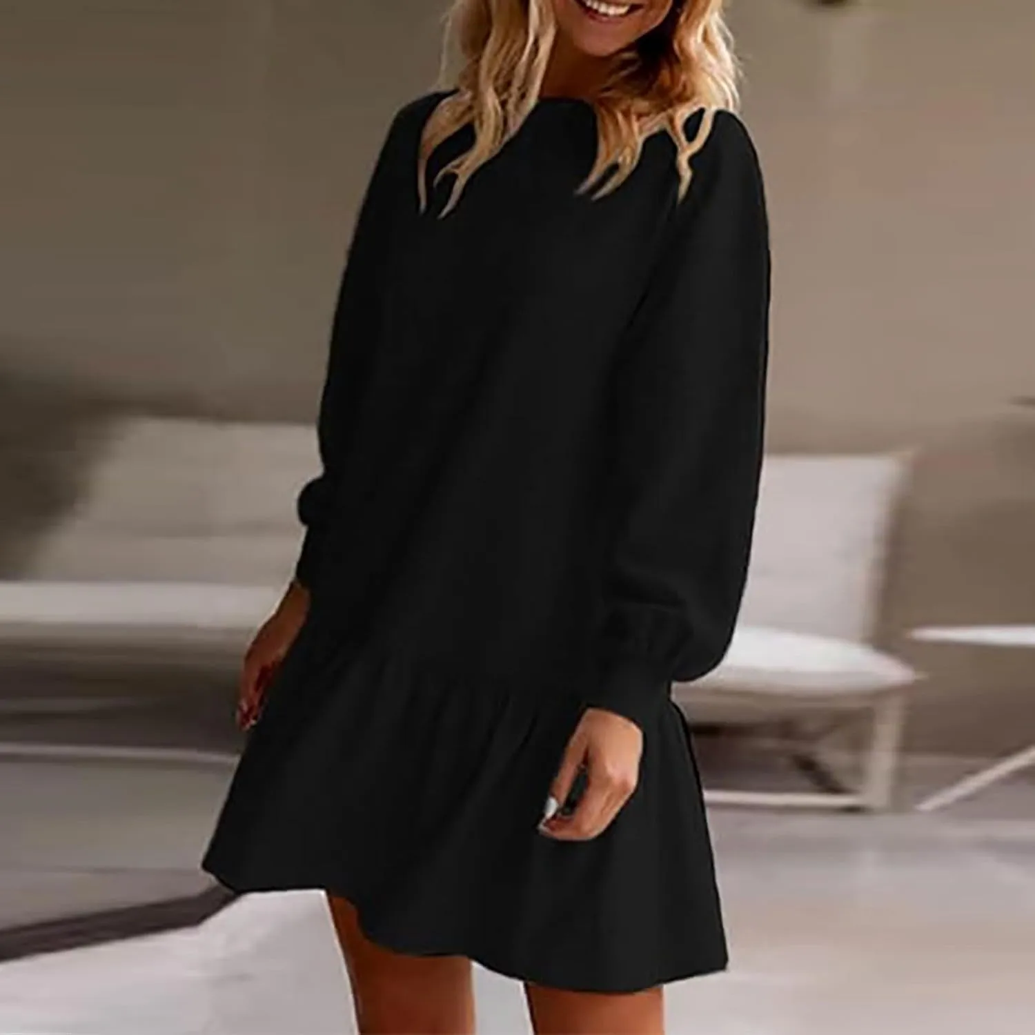 slqdgmryz Sweatshirt Dress Women Fall Crewneck Sweatshirts Oversized Long Sleeve Mini Dress Ruffle Patchwork Sweatshirt