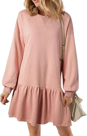 slqdgmryz Sweatshirt Dress Women Fall Crewneck Sweatshirts Oversized Long Sleeve Mini Dress Ruffle Patchwork Sweatshirt