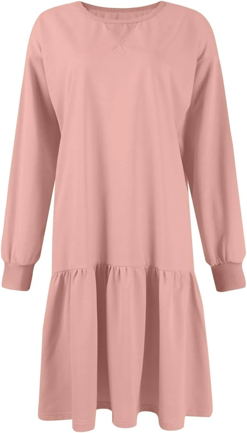 slqdgmryz Sweatshirt Dress Women Fall Crewneck Sweatshirts Oversized Long Sleeve Mini Dress Ruffle Patchwork Sweatshirt