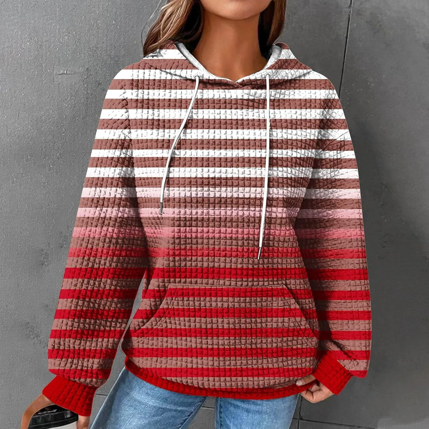 SMIDOW Womens Oversized Hoodies Gradient Color Striped Fall Fashion Pullover Tops Casual Drawstring Hooded Sweatshirts