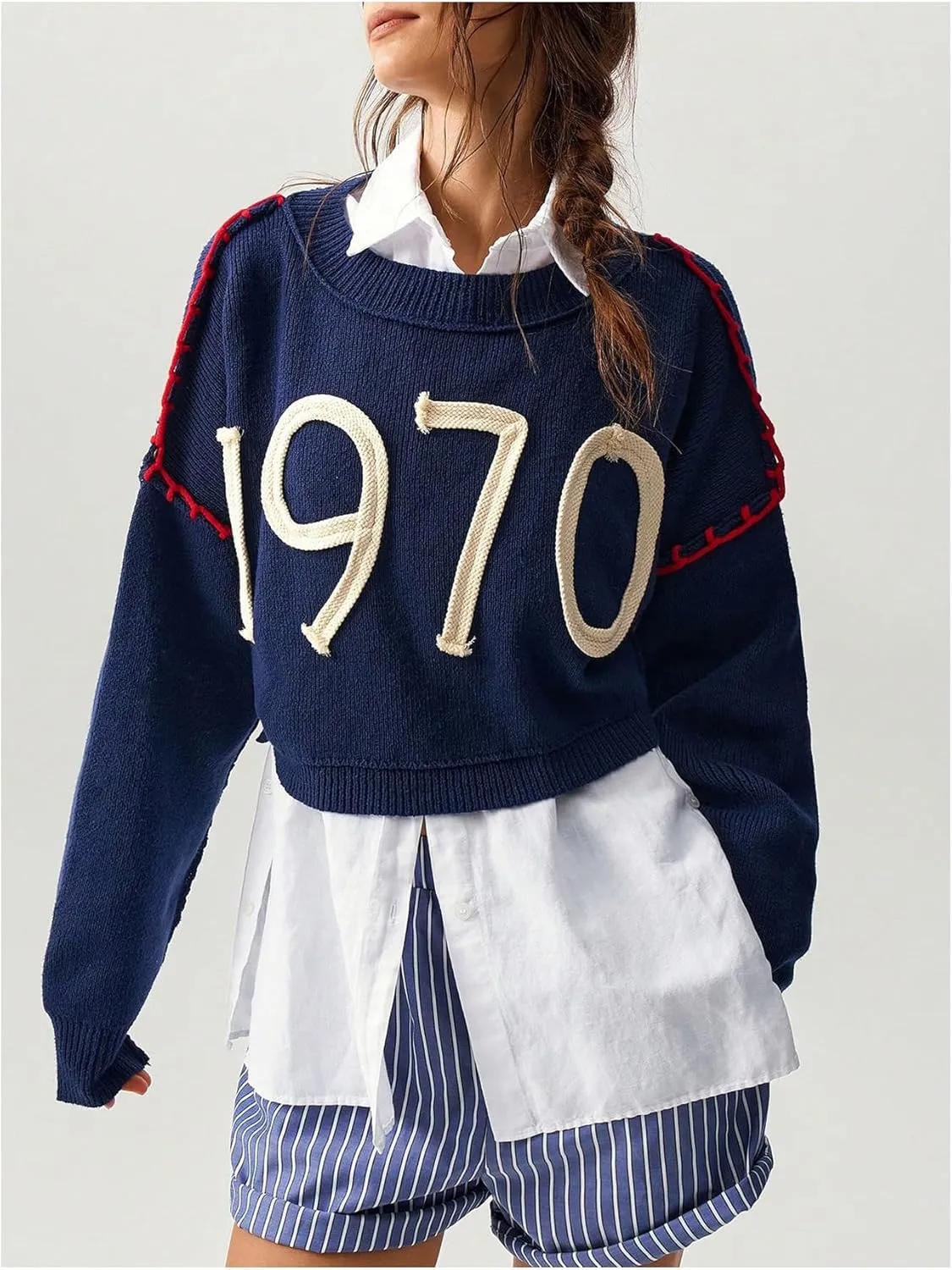 SOLY HUX Sweaters for Women Number Graphic Crew Neck Long Sleeve Knit Tops Pullover Sweater