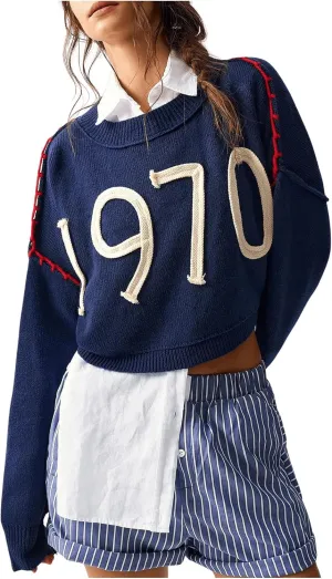 SOLY HUX Sweaters for Women Number Graphic Crew Neck Long Sleeve Knit Tops Pullover Sweater