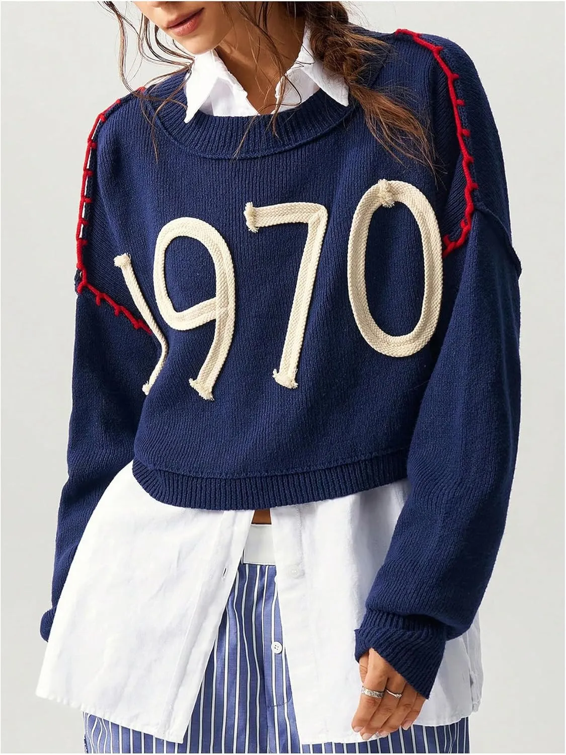 SOLY HUX Sweaters for Women Number Graphic Crew Neck Long Sleeve Knit Tops Pullover Sweater