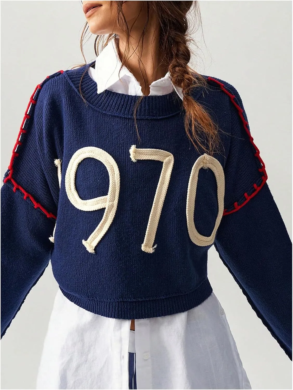 SOLY HUX Sweaters for Women Number Graphic Crew Neck Long Sleeve Knit Tops Pullover Sweater