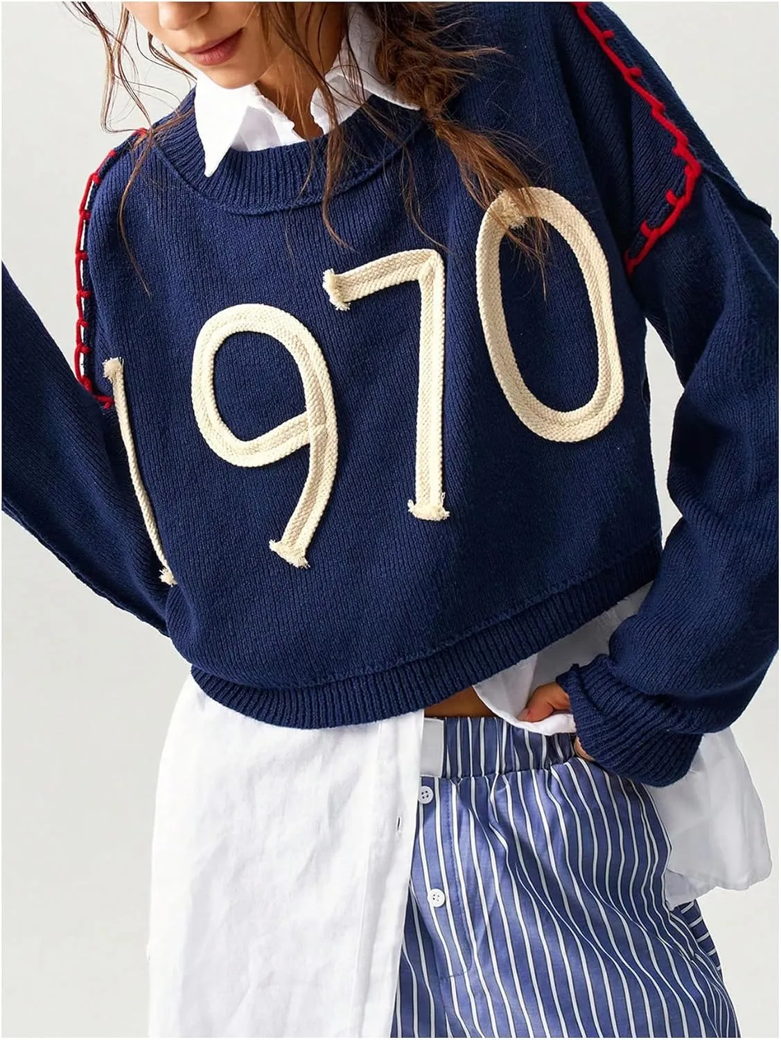 SOLY HUX Sweaters for Women Number Graphic Crew Neck Long Sleeve Knit Tops Pullover Sweater