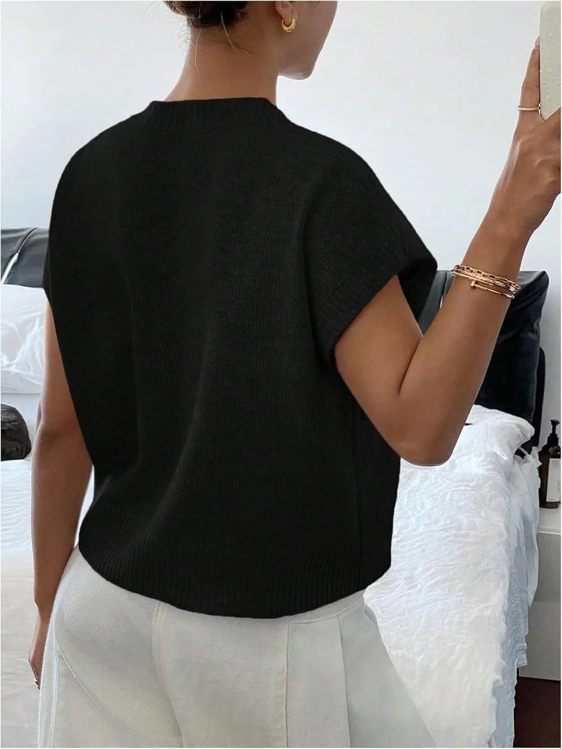 SOLY HUX Women's Ribbed Sweater Crew Neck Short Sleeve Loose Fit Floral Knit Pullover Tops