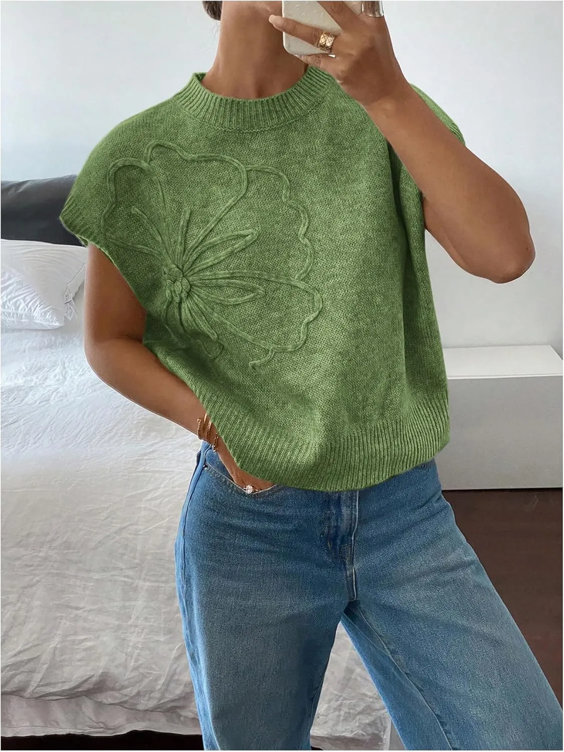 SOLY HUX Women's Ribbed Sweater Crew Neck Short Sleeve Loose Fit Floral Knit Pullover Tops