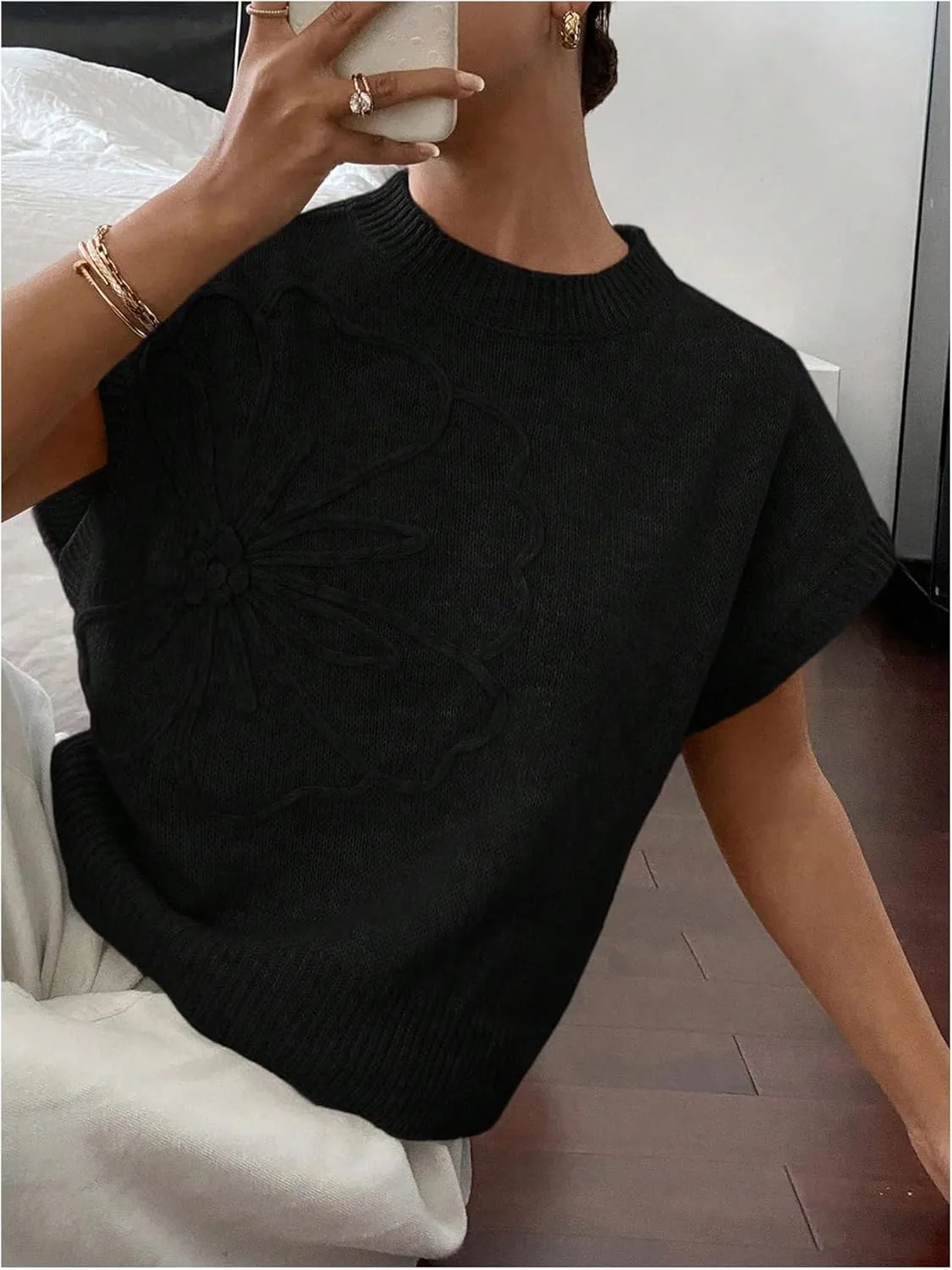 SOLY HUX Women's Ribbed Sweater Crew Neck Short Sleeve Loose Fit Floral Knit Pullover Tops