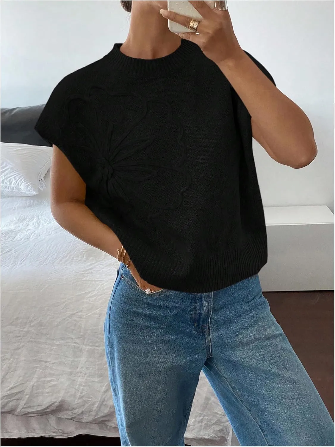 SOLY HUX Women's Ribbed Sweater Crew Neck Short Sleeve Loose Fit Floral Knit Pullover Tops