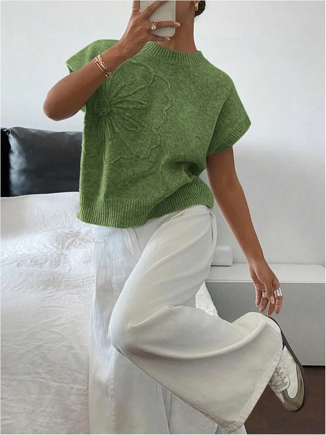 SOLY HUX Women's Ribbed Sweater Crew Neck Short Sleeve Loose Fit Floral Knit Pullover Tops