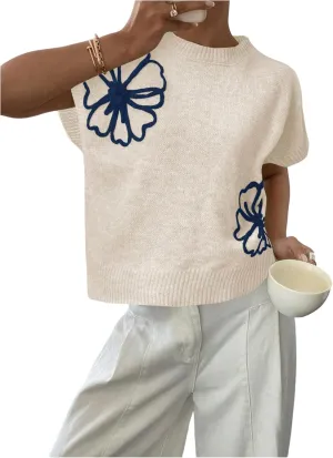 SOLY HUX Women's Ribbed Sweater Crew Neck Short Sleeve Loose Fit Floral Knit Pullover Tops