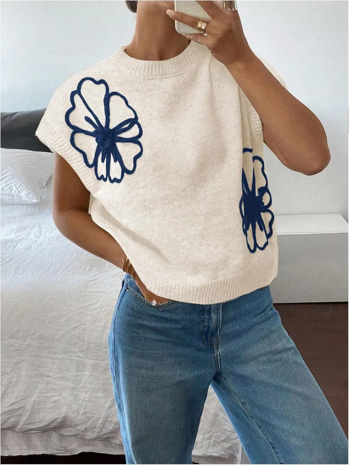 SOLY HUX Women's Ribbed Sweater Crew Neck Short Sleeve Loose Fit Floral Knit Pullover Tops