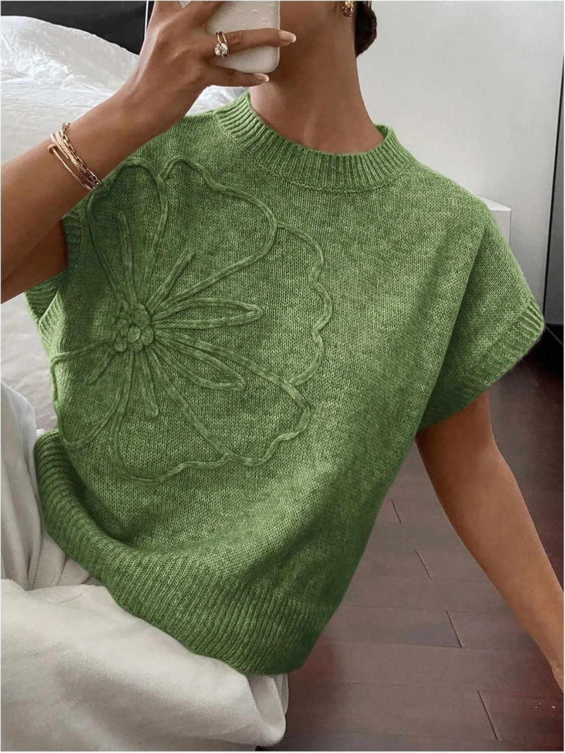 SOLY HUX Women's Ribbed Sweater Crew Neck Short Sleeve Loose Fit Floral Knit Pullover Tops