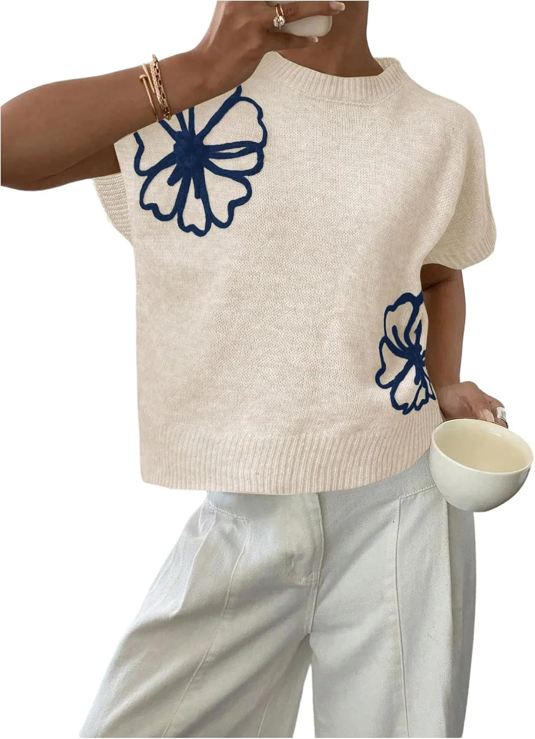 SOLY HUX Women's Ribbed Sweater Crew Neck Short Sleeve Loose Fit Floral Knit Pullover Tops