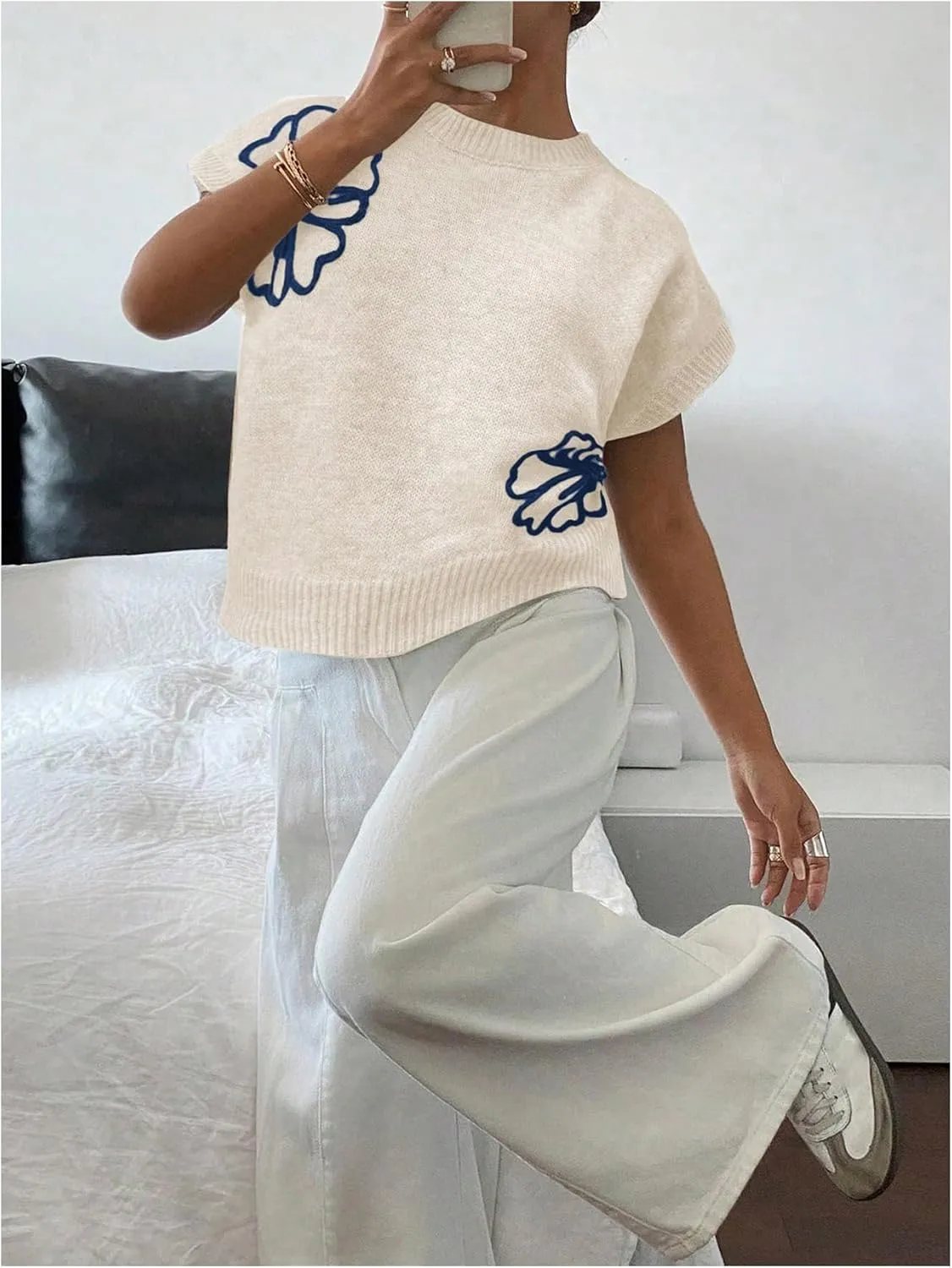 SOLY HUX Women's Ribbed Sweater Crew Neck Short Sleeve Loose Fit Floral Knit Pullover Tops