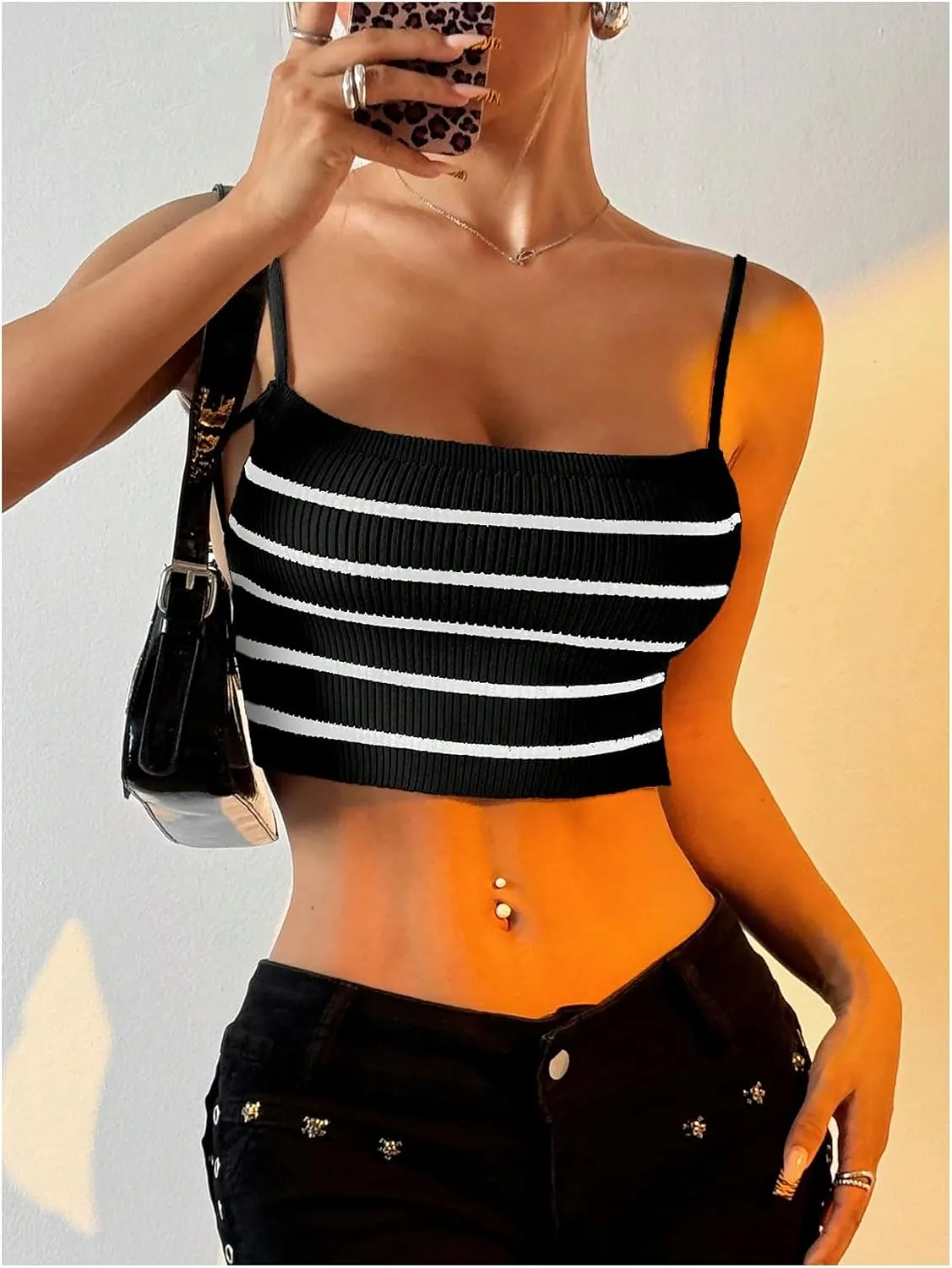 SOLY HUX Women's Striped Cami Top Backless Spaghetti Strap Knit Crop Tops Camisole