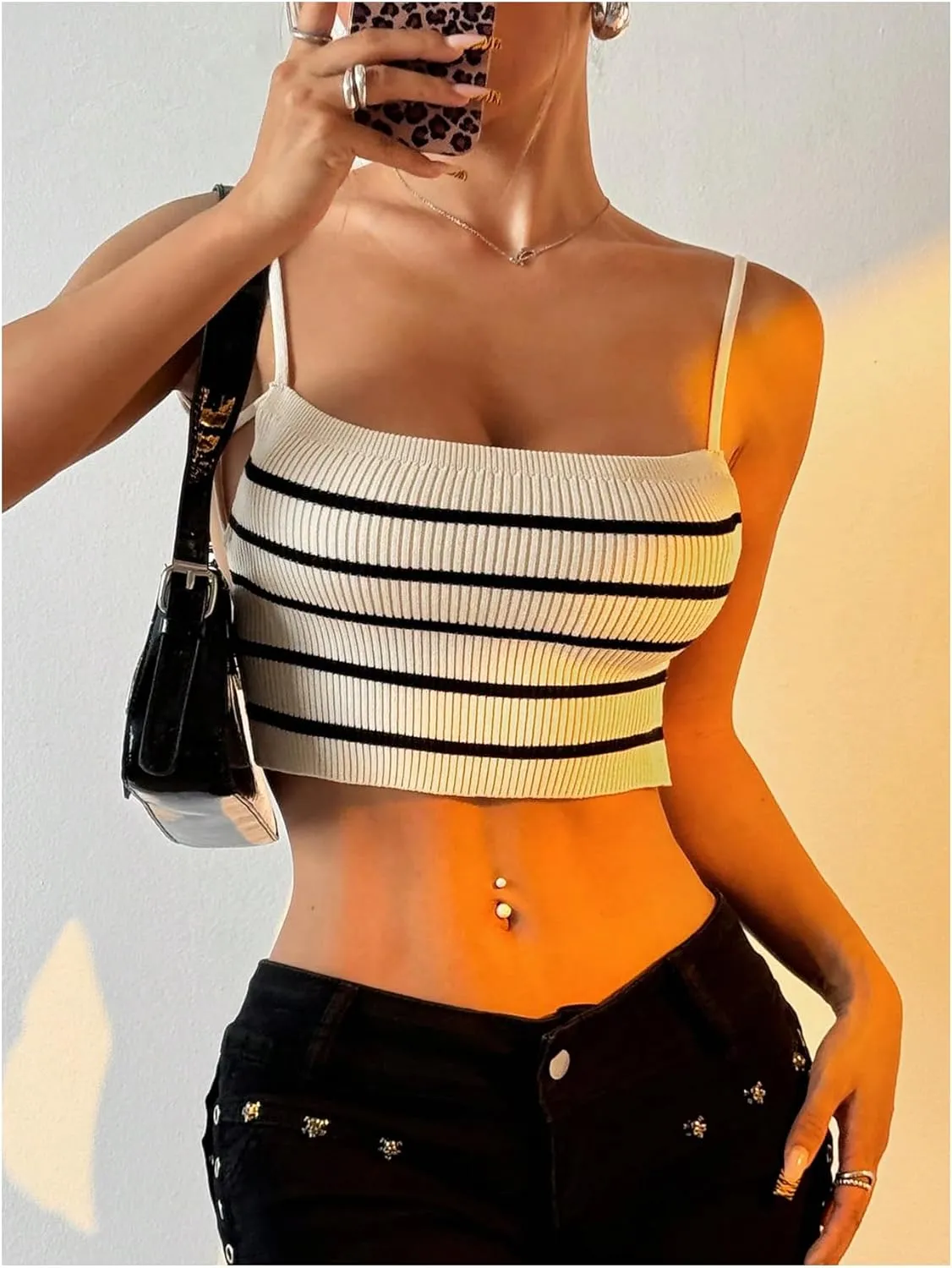 SOLY HUX Women's Striped Cami Top Backless Spaghetti Strap Knit Crop Tops Camisole