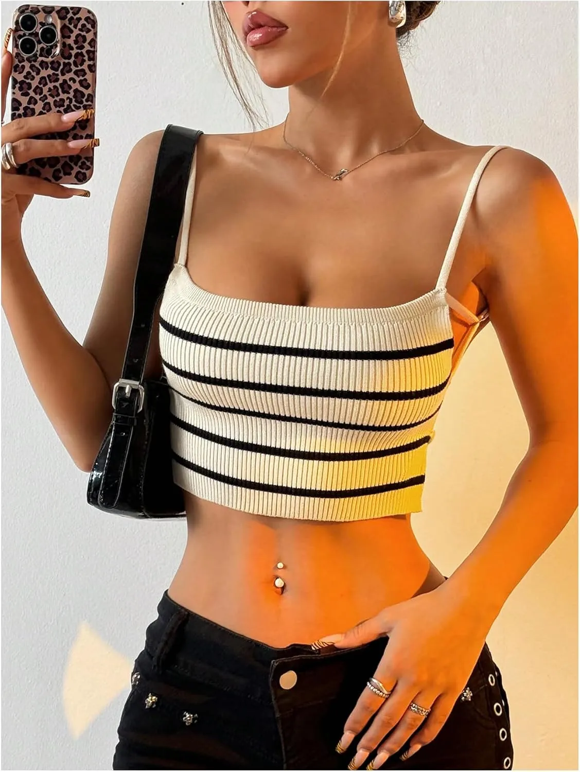 SOLY HUX Women's Striped Cami Top Backless Spaghetti Strap Knit Crop Tops Camisole