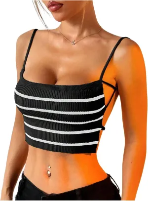 SOLY HUX Women's Striped Cami Top Backless Spaghetti Strap Knit Crop Tops Camisole