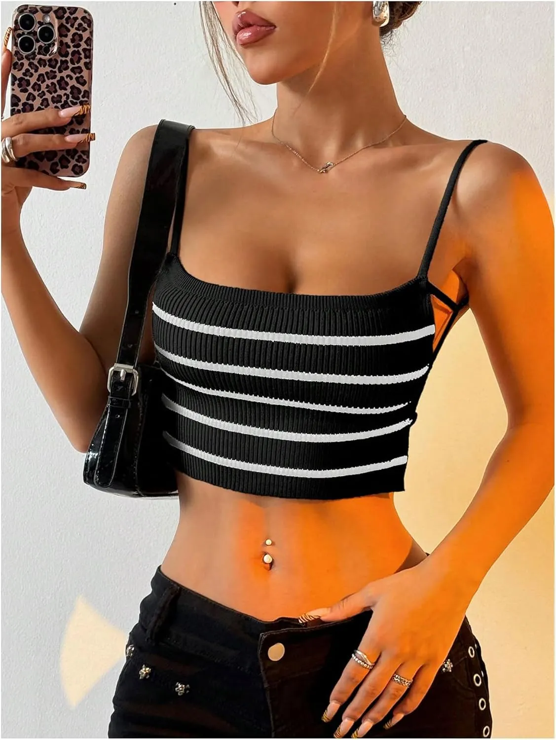 SOLY HUX Women's Striped Cami Top Backless Spaghetti Strap Knit Crop Tops Camisole