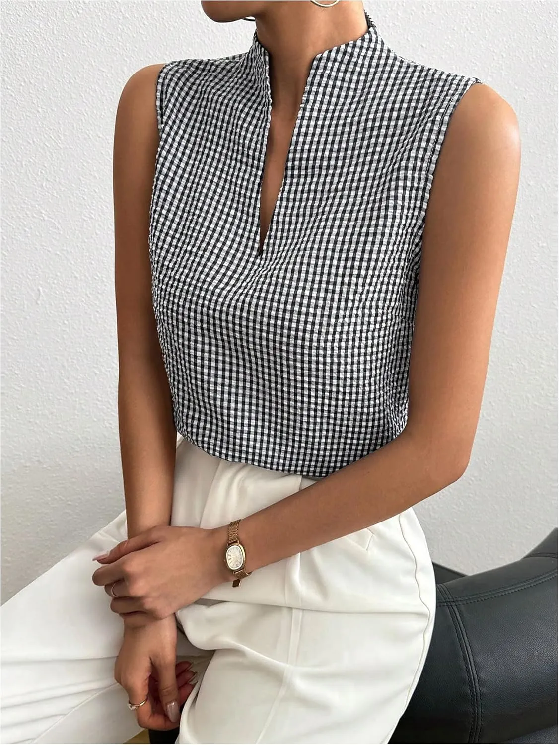 SOLY HUX Women's Work Outfits V Neck Sleeveless Blouses Summer Casual Tank Tops Business Office Dressy Striped Shirts