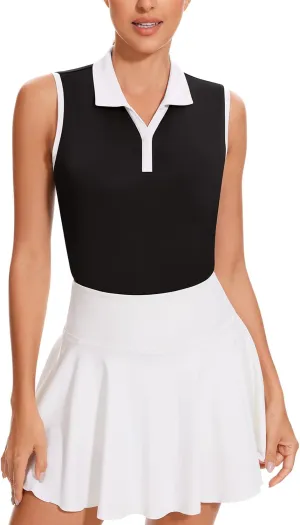 Soneven Women's Sleeveless Golf Shirts V Neck Button Golf Tank Tops Quick Dry Tennis Tops Pickleball Shirts