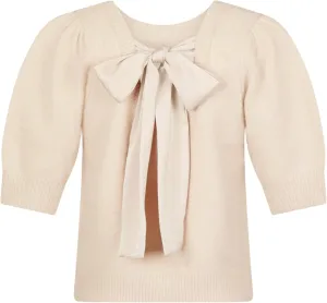 Springrain Bow Sweater Women Casual Puff Short Sleeve Crew Neck Tie Back Knit Pullover Tops