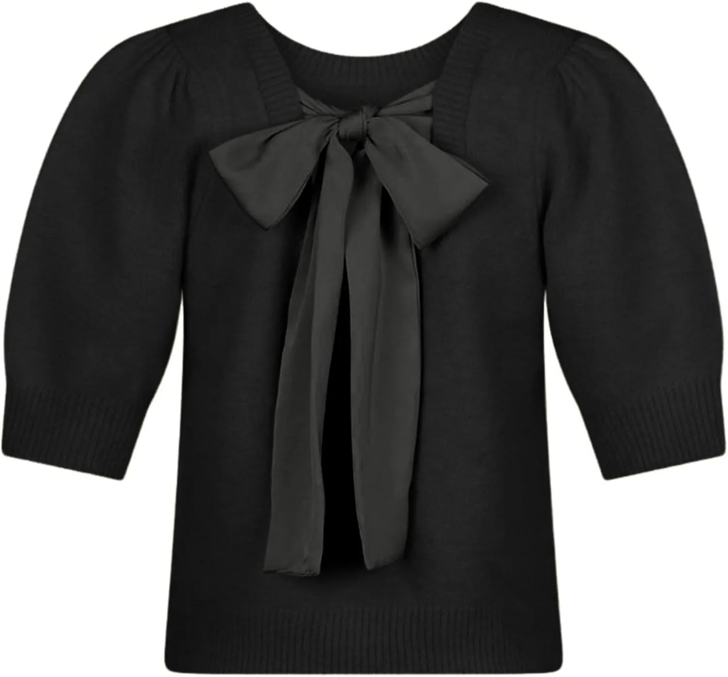 Springrain Bow Sweater Women Casual Puff Short Sleeve Crew Neck Tie Back Knit Pullover Tops