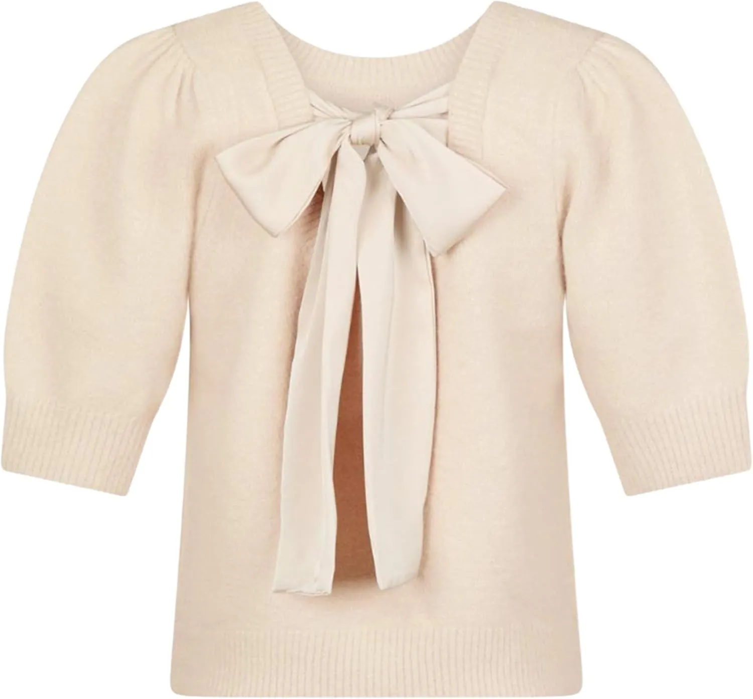 Springrain Bow Sweater Women Casual Puff Short Sleeve Crew Neck Tie Back Knit Pullover Tops