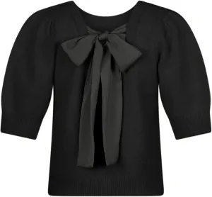 Springrain Bow Sweater Women Casual Puff Short Sleeve Crew Neck Tie Back Knit Pullover Tops