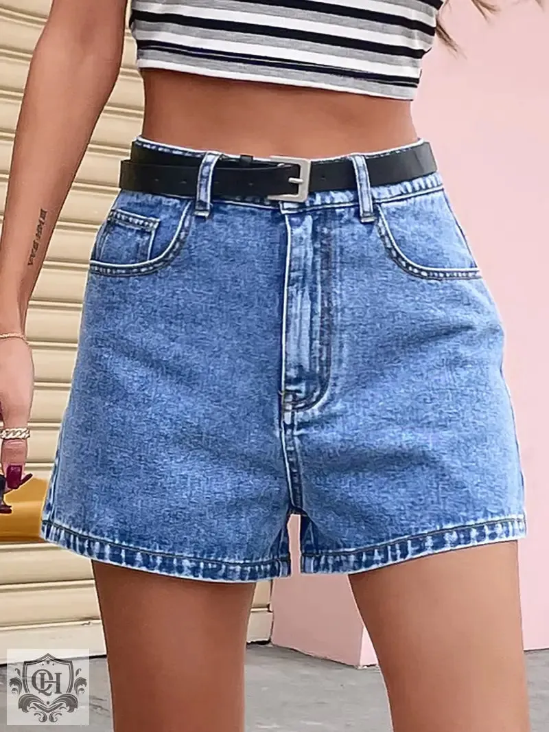 Straight High Rise Denim Shorts with Pockets