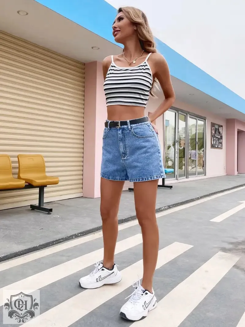 Straight High Rise Denim Shorts with Pockets
