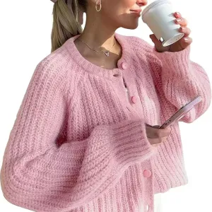 Sumleno Womens Open Front Button Down Sweater Long Sleeve Y2k Chunky Knit Cardigan Trendy Fall Outfits Casual Knitwear Coats