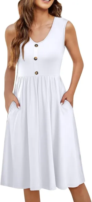 Summer Dresses for Women 2025 Casual Sleeveless Crewneck Midi Dress Flowy Pleated Beach Vacation Tank Sundresses