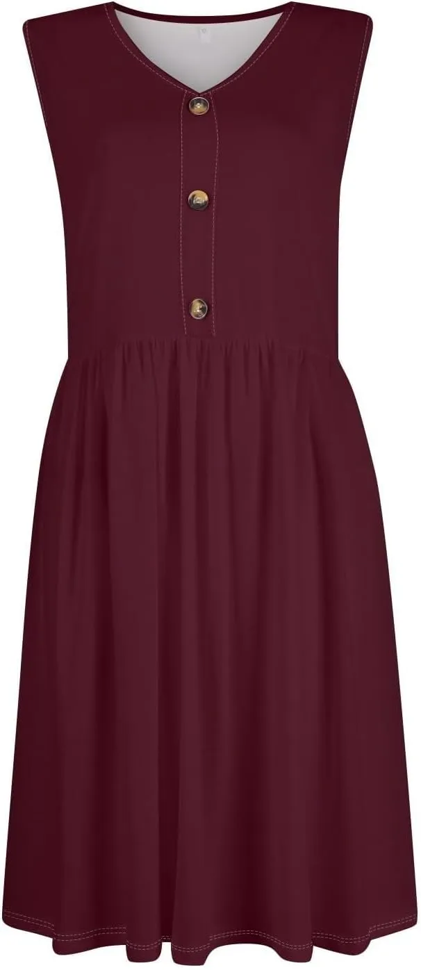 Summer Dresses for Women 2025 Casual Sleeveless Crewneck Midi Dress Flowy Pleated Beach Vacation Tank Sundresses