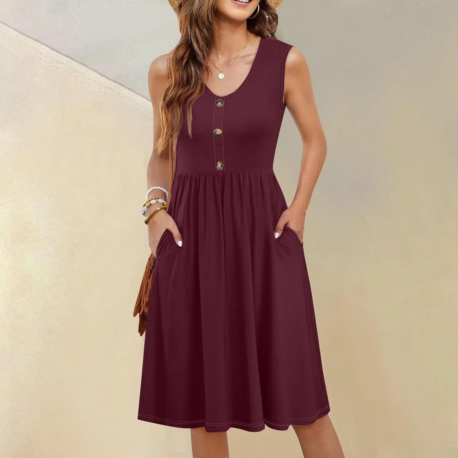 Summer Dresses for Women 2025 Casual Sleeveless Crewneck Midi Dress Flowy Pleated Beach Vacation Tank Sundresses