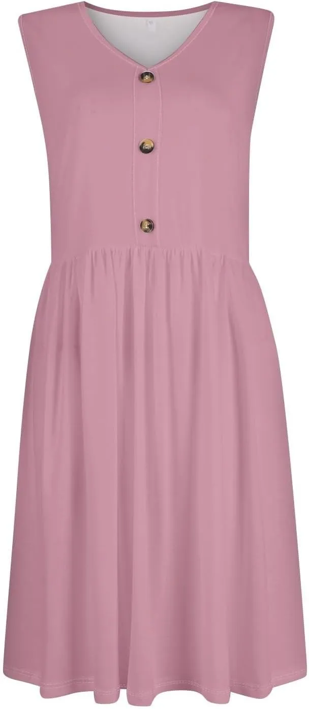 Summer Dresses for Women 2025 Casual Sleeveless Crewneck Midi Dress Flowy Pleated Beach Vacation Tank Sundresses